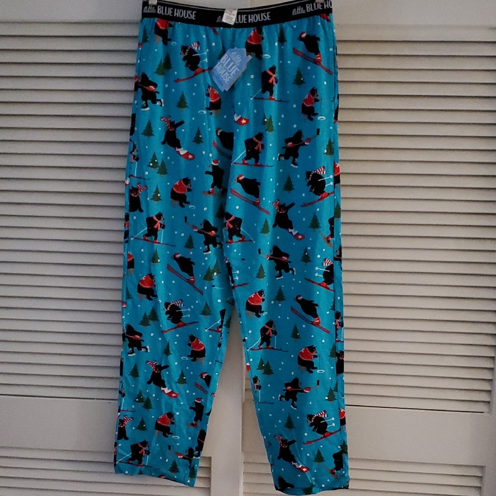 Hatley Little Blue House Men's PJ Bottoms Blue w.Red & Black Skiing Bears Size L